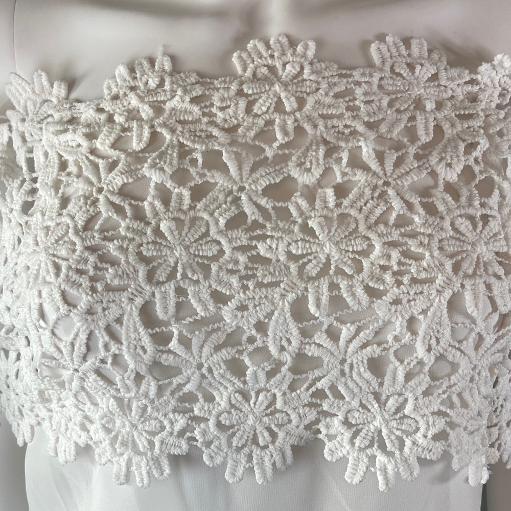White Boho Bohemian Sheer Chiffon Floral Lace Off-Shoulder Blouse XSmall XS - Picture 4 of 8